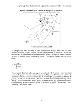 Geografía, geotecnología y análisis espacial: tendencias, métodos y aplicaciones
89
Figura 2: Interpolación a partir de polígonos de Thiessen.
Fuente: Fuenzalida et al., 2014.
El interpolador IDW, consiste en una combinación de tipo lineal de los datos
promediados con un peso que es función del inverso de la distancia. Cuanto más
cercano esté el punto de muestreo disponible al punto a interpolar, mayor influencia
recibirá dicho dato en su cálculo (ver figura 3). Los pesos pueden ser expresados
como:
Donde di es la distancia entre x0 y xi, p es un parámetro de potencia, y n representa el
número de puntos usados para la estimación. El principal factor que afecta a la
exactitud de IDW es el valor del parámetro de potencia (p). La opción más utilizada de
p es 2 y el método resultante es a distancia inversa al cuadrado (Webster y Oliver,
2001). IDW se conoce como "media móvil" cuando p es cero (0), "interpolación lineal"
cuando p es 1 y "ponderada media móvil" cuando p no es igual a 1 (Laslett et al., 1987;
Burrough y McDonnell, 1998).
 