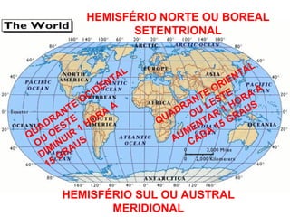 QUADRANTE ORIENTAL
OU
LESTE
AUMENTAR
1 HORA
A
CADA
15 GRAUS
QUADRANTE
OCIDENTAL
OU
OESTE
DIMINUIR
1 HORA
A
15 GRAUS
HEMISFÉRIO SUL OU AUSTRAL
MERIDIONAL
HEMISFÉRIO NORTE OU BOREAL
SETENTRIONAL
 