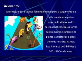 4º evento: 
A formação dos oceanos foi fundamental para o surgimento da 
vida no planeta, pois a 
origem da vida veio dos 
seres aquáticos. Dessa forma 
surgiram primeiramente no 
planta as bactérias e algas, 
além de microrganismos, 
isso há cerca de 3 bilhões e 
500 milhões de anos. 
 