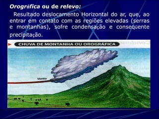 Orográfica ou de relevo: 
Resultado deslocamento Horizontal do ar, que, ao 
entrar em contato com as regiões elevadas (serras 
e montanhas), sofre condensação e conseqüente 
precipitação. 
 