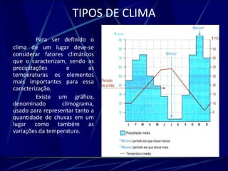 TIPOS DE CLIMA 
Para ser definido o 
clima de um lugar deve-se 
considerar fatores climáticos 
que o caracterizam, sendo as 
precipitações e as 
temperaturas os elementos 
mais importantes para essa 
caracterização. 
Existe um gráfico, 
denominado climograma, 
usado para representar tanto a 
quantidade de chuvas em um 
lugar como também as 
variações da temperatura. 
 