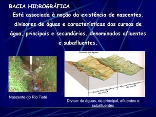 BACIA HIDROGRÁFICA 
Está associada à noção da existência de nascentes, 
divisores de águas e características dos cursos de 
água, principais e secundários, denominados afluentes 
e subafluentes. 
Nascente do Rio Tietê 
Divisor de águas, rio principal, afluentes e 
subafluentes 
 