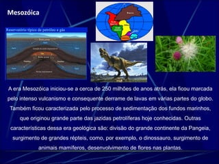 Mesozóica 
A era Mesozóica iniciou-se a cerca de 250 milhões de anos atrás, ela ficou marcada 
pelo intenso vulcanismo e consequente derrame de lavas em várias partes do globo. 
Também ficou caracterizada pelo processo de sedimentação dos fundos marinhos, 
que originou grande parte das jazidas petrolíferas hoje conhecidas. Outras 
características dessa era geológica são: divisão do grande continente da Pangeia, 
surgimento de grandes répteis, como, por exemplo, o dinossauro, surgimento de 
animais mamíferos, desenvolvimento de flores nas plantas. 
 