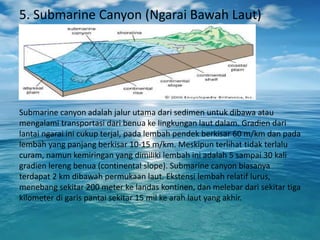 5. Submarine Canyon (Ngarai Bawah Laut)
Submarine canyon adalah jalur utama dari sedimen untuk dibawa atau
mengalami transportasi dari benua ke lingkungan laut dalam. Gradien dari
lantai ngarai ini cukup terjal, pada lembah pendek berkisar 60 m/km dan pada
lembah yang panjang berkisar 10-15 m/km. Meskipun terlihat tidak terlalu
curam, namun kemiringan yang dimiliki lembah ini adalah 5 sampai 30 kali
gradien lereng benua (continental slope). Submarine canyon biasanya
terdapat 2 km dibawah permukaan laut. Ekstensi lembah relatif lurus,
menebang sekitar 200 meter ke landas kontinen, dan melebar dari sekitar tiga
kilometer di garis pantai sekitar 15 mil ke arah laut yang akhir.
 