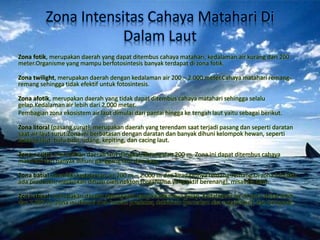 Zona Intensitas Cahaya Matahari Di
Dalam Laut
Zona fotik, merupakan daerah yang dapat ditembus cahaya matahari, kedalaman air kurang dari 200
meter.Organisme yang mampu berfotosintesis banyak terdapat di zona fotik.
Zona twilight, merupakan daerah dengan kedalaman air 200 – 2.000 meter.Cahaya matahari remang-
remang sehingga tidak efektif untuk fotosintesis.
Zona afotik, merupakan daerah yang tidak dapat ditembus cahaya matahari sehingga selalu
gelap.Kedalaman air lebih dari 2.000 meter.
Pembagian zona ekosistem air laut dimulai dari pantai hingga ke tengah laut yaitu sebagai berikut.
Zona litoral (pasang surut), merupakan daerah yang terendam saat terjadi pasang dan seperti daratan
saat air laut surut.Zona ini berbatasan dengan daratan dan banyak dihuni kelompok hewan, seperti
bintang laut, bulu babi, udang, kepiting, dan cacing laut.
Zona neritik, merupakan daerah laut dangkal, kurang dan 200 m. Zona ini dapat ditembus cahaya
matahari dan banyak dihuni ganggang laut dan ikan.
Zona batial, memiliki kedalaman air 200 m – 2.000 m dan keadaannya remang-remang.Di zona ini tidak
ada produsen, melainkan dihuni oleh nekton (organisme yang aktif berenang), misalnya ikan.
Zona abisal, merupakan daerah palung laut yang keadaannya gelap. Kedalaman air di zona abisal lebih
dan 2.000 m. Zona ini dihuni oleh hewan predator, detritivor (pemakan sisa organisme), dan pengurai.
 