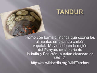 Horno con forma cilíndrica que cocina los 
alimentos empleando carbón 
vegetal. Muy usado en la región 
del Punyab, en el norte de 
la India y Pakistán, pueden alcanzar los 
480 °C. 
http://es.wikipedia.org/wiki/Tandoor 
 