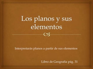 Los planos y sus elementos  Interpretarás planos a partir de sus elementos Libro de Geografía pág. 31 