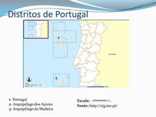Distritos de Portugal1231- Portugal2- Arquipélago dos Açores3- Arquipélago da MadeiraEscala: Fonte: http://sig.ine.pt/