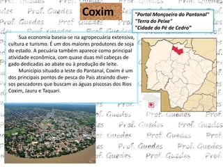 Coxim                     "Portal Monçoeiro do Pantanal"
                                                         "Terra do Peixe"
                                                         "Cidade do Pé de Cedro”
     Sua economia baseia-se na agropecuária extensiva,
cultura e turismo. É um dos maiores produtores de soja
do estado. A pecuária também aparece como principal
atividade econômica, com quase duas mil cabeças de
gado dedicadas ao abate ou à produção de leite.
     Município situado a leste do Pantanal, Coxim é um
dos principais pontos de pesca do País atraindo diver-
sos pescadores que buscam as águas piscosas dos Rios
Coxim, Jauru e Taquari.
 