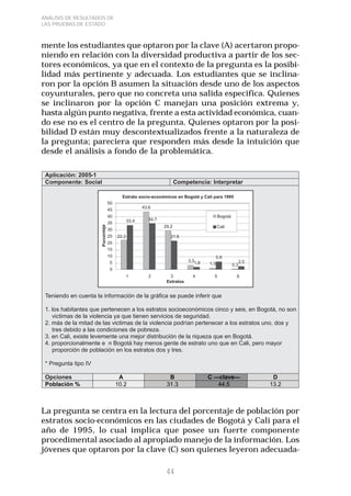 44 
ANÁLISIS DE RESULTADOS DE 
LAS PRUEBAS DE ESTADO 
mente los estudiantes que optaron por la clave (A) acertaron propo-niendo 
en relación con la diversidad productiva a partir de los sec-tores 
económicos, ya que en el contexto de la pregunta es la posibi-lidad 
más pertinente y adecuada. Los estudiantes que se inclina-ron 
por la opción B asumen la situación desde uno de los aspectos 
coyunturales, pero que no concreta una salida especifica. Quienes 
se inclinaron por la opción C manejan una posición extrema y, 
hasta algún punto negativa, frente a esta actividad económica, cuan-do 
ese no es el centro de la pregunta. Quienes optaron por la posi-bilidad 
D están muy descontextualizados frente a la naturaleza de 
la pregunta; pareciera que responden más desde la intuición que 
desde el análisis a fondo de la problemática. 
La pregunta se centra en la lectura del porcentaje de población por 
estratos socio-económicos en las ciudades de Bogotá y Cali para el 
año de 1995, lo cual implica que posee un fuerte componente 
procedimental asociado al apropiado manejo de la información. Los 
jóvenes que optaron por la clave (C) son quienes leyeron adecuada- 
 