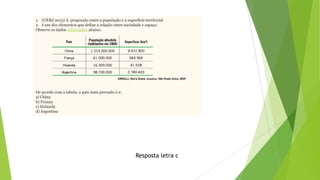 1. (UERJ 2013) A proporção entre a população e a superfície territorial
2. é um dos elementos que define a relação entre sociedade e espaço.
Observe os dados informados abaixo:
De acordo com a tabela, o país mais povoado é a:
a) China
b) França
c) Holanda
d) Argentina
Resposta letra c
 