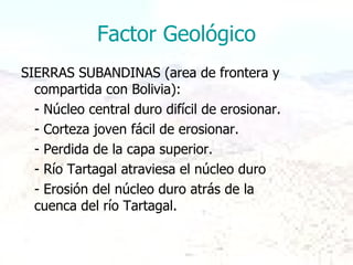 Factor Geológico SIERRAS SUBANDINAS (area de frontera y compartida con Bolivia): - Núcleo central duro difícil de erosionar. - Corteza joven fácil de erosionar. - Perdida de la capa superior. - Río Tartagal atraviesa el núcleo duro - Erosión del núcleo duro atrás de la cuenca del río Tartagal. 