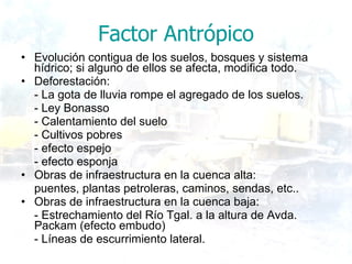 Factor Antrópico Evolución contigua de los suelos, bosques y sistema hídrico; si alguno de ellos se afecta, modifica todo. Deforestación: - La gota de lluvia rompe el agregado de los suelos. - Ley Bonasso - Calentamiento del suelo - Cultivos pobres - efecto espejo - efecto esponja Obras de infraestructura en la cuenca alta: puentes, plantas petroleras, caminos, sendas, etc.. Obras de infraestructura en la cuenca baja:  - Estrechamiento del Río Tgal. a la altura de Avda. Packam (efecto embudo) - Líneas de escurrimiento lateral. 