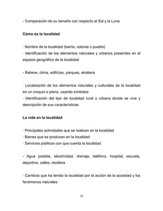 - Comparación de su tamaño con respecto al Sol y la Luna


Cómo es la localidad


· Nombre de la localidad (barrio, colonia o pueblo)
· Identificación de los elementos naturales y urbanos presentes en el
espacio geográfico de la localidad


- Relieve, clima, edificios, parques, etcétera


· Localización de los elementos naturales y culturales de la localidad
en un croquis o plano, usando símbolos
· Identificación del tipo de localidad rural o urbana donde se vive y
descripción de sus características


La vida en la localidad


· Principales actividades que se realizan en la localidad
· Bienes que se producen en la localidad
· Servicios públicos con que cuenta la localidad


- Agua potable, electricidad, drenaje, teléfono, hospital, escuela,
deportivo, calles, etcétera


· Cambios que ha tenido la localidad por la acción de la sociedad y los
fenómenos naturales


                                     10
 