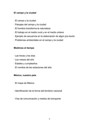 El campo y la ciudad


· El campo y la ciudad
· Paisajes del campo y la ciudad
· El hombre transforma la naturaleza
· El trabajo en el medio rural y en el medio urbano
· Ejemplo de secuencia en la elaboración de algún pro-ducto
· Problemas ambientales en el campo y la ciudad


Medimos el tiempo


· Las horas y los días
· Los meses del año
· Edades y cumpleaños
· El nombre de las estaciones del año


México, nuestro país


· El mapa de México


- Identificación de la forma del territorio nacional


· Vías de comunicación y medios de transporte




                                      8
 
