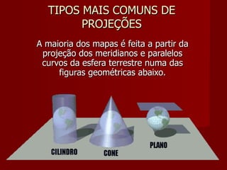 TIPOS MAIS COMUNS DE PROJEÇÕES A maioria dos mapas é feita a partir da projeção dos meridianos e paralelos curvos da esfera terrestre numa das figuras geométricas abaixo. 