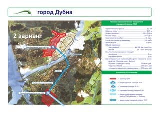 Ïðîòÿæ¸ííîñòü òðàññû
Øèðèíà êîëåè ............................................................ 1,25 ì
Äëèíà ïðîëåòîâ ................................................ 200—500 ì
Âûñîòà îïîð ...........................................................10—25 ì
Âìåñòèìîñòü þíèáóñà ............................................ 36 ïàññ.
Ðàñ÷¸òíàÿ ñêîðîñòü äâèæåíèÿ ............................... 80 êì/÷
Âðåìÿ â ïóòè ............................................................ 11 ìèí.
Îáú¸ì ïåðåâîçîê:
• ïàññàæèðîâ ................................ äî 100 òûñ. ïàññ./ñóò.
• ãðóçîâ .............................................. äî 1 òûñ. òîíí/ñóò.
Êîëè÷åñòâî ïàññàæèðñêèõ ñòàíöèé:
• êîíå÷íûõ ............................................................... 2 øò.
• ïðîìåæóòî÷íûõ .................................................... 5 øò.
Îðèåíòèðîâî÷íàÿ ñòîèìîñòü (áåç ó÷¸òà ñòîèìîñòè çåìëè
è ó÷àñòêà «Ïåðåõîä ÷åðåç Âîëãó»):
• ïóòåâîé ñòðóêòóðû è îïîð ..................... 220 ìëí. ðóá.
• ïàðêà þíèáóñîâ ...................................... 140 ìëí. ðóá.
• ñòàíöèé è ñåðâèñíîãî ãàðàæà-ïàðêà ..... 250 ìëí. ðóá.
.............................................. 5,5 êì
Òåõíèêî-ýêîíîìè÷åñêèå ïîêàçàòåëè
ãîðîäñêîé òðàññû ÒÑÞ
Ïðàâîáåðåæíûé ó÷àñòîê ÎÝÇ
Ëåâîáåðåæíûé ó÷àñòîê ÎÝÇ
Öåíòð ïðîãðàìèðîâàíèÿ
ÎÈßÈ
Ïðèáîðîñòðîèòåëüíàÿ ïëîùàäêà
íà
Ì
îñêâó, Äìèòðîâ
— ãðàíèöà ÎÝÇ
— ïåðåñàäî÷íàÿ ñòàíöèÿ ÒÑÞ
— êîíå÷íàÿ ñòàíöèÿ ÒÑÞ
— ïðîìåæóòî÷íàÿ ñòàíöèÿ ÒÑÞ
— äâóõïóòíàÿ ìåæäóãîðîäíàÿ
òðàññà ÒÑÞ «Ìîñêâà — Äóáíà»
— äâóõïóòíàÿ ãîðîäñêàÿ òðàññà ÒÑÞ
Óñëîâíûå îáîçíà÷åíèÿ
ð. Âîëãà
ãîðîä Äóáíà
2 âàðèàíò
 