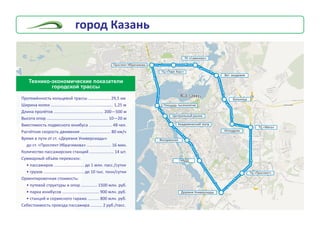 Ïðîñïåêò Èáðàãèìîâà
ÒÖ «Ïàðê Õàóñ»
ÒÊ «Ñàâèíîâî»
Âåò. àêàäåìèÿ
Áîëüíèöà
Èïïîäðîì
ÒÖ «Ìåãà»
ÒÖ «Ïðîñïåêò»
Äåðåâíÿ Óíèâåðñèàäû
ÃÈÁÄÄ
Ôèëàðìîíèÿ
Ïëîùàäü òûñÿ÷åëåòèÿ
Öåíòðàëüíûé ðûíîê
Àêàäåìè÷åñêèé òåàòð
Êàçàíü
Òåõíèêî-ýêîíîìè÷åñêèå ïîêàçàòåëè
ãîðîäñêîé òðàññû
Ïðîòÿæ¸ííîñòü êîëüöåâîé òðàññû
Øèðèíà êîëåè ...................................................... 1,25 ì
Äëèíà ïðîë¸òîâ ........................................... 200—500 ì
Âûñîòà îïîð ..................................................... 10—20 ì
Âìåñòèìîñòü ïîäâåñíîãî þíèáóñà .................... 48 ÷åë.
Ðàñ÷¸òíàÿ ñêîðîñòü äâèæåíèÿ .......................... 80 êì/÷
Âðåìÿ â ïóòè îò ñò. «Äåðåâíÿ Óíèâåðñèàäû»
äî ñò. «Ïðîñïåêò Èáðàãèìîâà» ..................... 16 ìèí.
Êîëè÷åñòâî ïàññàæèðñêèõ ñòàíöèé ..................... 14 øò.
Ñóììàðíûé îáú¸ì ïåðåâîçîê:
• ïàññàæèðîâ .......................... äî 1 ìëí. ïàññ./ñóòêè
• ãðóçîâ ................................... äî 10 òûñ. òîíí/ñóòêè
Îðèåíòèðîâî÷íàÿ ñòîèìîñòü:
• ïóòåâîé ñòðóêòóðû è îïîð .............. 1500 ìëí. ðóá.
• ïàðêà þíèáóñîâ ................................ 900 ìëí. ðóá.
• ñòàíöèé è ñåðâèñíîãî ãàðàæà .......... 800 ìëí. ðóá.
Ñåáåñòîèìîñòü ïðîåçäà ïàññàæèðà .......... 2 ðóá./ïàññ.
................... 29,5 êì
ãîðîä Êàçàíü
 