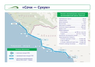 Ñóõóì
Ð î ñ ñ è ÿ
Ñî÷è
× å ð í î å ì î ð å Ïèöóíäà
Ãàãðà
Àäëåð
Ãóäàóòà
À á õ à ç è ÿ
Íîâûé Àôîí
— êîíå÷íàÿ ñòàíöèÿ ÑÒÞ
— ïðîìåæóòî÷íàÿ ñòàíöèÿ ÑÒÞ
— äâóõïóòíàÿ ìåæäóãîðîäíàÿ
òðàññà ÑÒÞ «Ñî÷è — Ñóõóì»
Óñëîâíûå îáîçíà÷åíèÿ
Òåõíèêî-ýêîíîìè÷åñêèå ïîêàçàòåëè
âûñîêîñêîðîñòíîé òðàññû Òðàíñíåò
Ïðîòÿæ¸ííîñòü òðàññû
Øèðèíà êîëåè ................................................ 1,25 ì
Äëèíà ïðîëåòîâ ................................................. 40 ì
Âûñîòà îïîð ................................................. 5—10 ì
Âìåñòèìîñòü þíèáóñà ................................. 60 ïàññ.
Ðàñ÷¸òíàÿ ñêîðîñòü äâèæåíèÿ .................. 360 êì/÷
Âðåìÿ â ïóòè ................................................. 27 ìèí.
Îáú¸ì ïåðåâîçîê:
• ïàññàæèðîâ ...................... äî 200 òûñ. ïàññ./ñóò.
• ãðóçîâ .................................... äî 2 òûñ. òîíí/ñóò.
Êîëè÷åñòâî ïàññàæèðñêèõ ñòàíöèé ................. 7 øò.
Îðèåíòèðîâî÷íàÿ ñòîèìîñòü:
• ïóòåâàÿ ñòðóêòóðà è îïîðû ........... 6 ìëðä. ðóá.
• ïàðê þíèáóñîâ ............................... 1 ìëðä. ðóá.
• ñòàíöèè, ñåðâèñíûé ãàðàæ-ïàðê ... 1 ìëðä. ðóá.
Ñòîèìîñòü ïðîåçäà ïàññàæèðà ........... 30 ðóá./ïàññ.
.................................. 136 êì
«Ñî÷è — Ñóõóì»
 