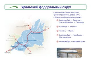 Óðàëüñêèé ôåäåðàëüíûé îêðóã
1
2
3
4
5
5
Ïåðìü
4
Îðåíáóðã Îìñê
3
1
Âîðêóòà
2
Íîðèëüñê
Åêàòåðèíáóðã — Òþìåíü —
Õàíòû-Ìàíñèéñê — Ñàëåõàðä
Ñàëåõàðä — Óðåíãîé
Òþìåíü — Èøèì
Åêàòåðèíáóðã — ×åëÿáèíñê —
Ìàãíèòîãîðñê
Åêàòåðèíáóðã — Íèæíèé Òàãèë
Ñõåìà âûñîêîñêîðîñòíûõ òðàññ
Òðàíñíåò (ñêîðîñòü äî 500 êì/÷)
â Óðàëüñêîì ôåäåðàëüíîì îêðóãå:
 