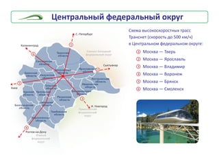 Öåíòðàëüíûé ôåäåðàëüíûé îêðóã
Ñ.-Ïåòåðáóðã
1
3
Í. Íîâãîðîä
4
Ðîñòîâ-íà-Äîíó
2
Ñûêòûâêàð
5
Êèåâ
Êàëèíèíãðàä
6
Ìîñêâà — Òâåðü
Ìîñêâà — ßðîñëàâëü
Ìîñêâà — Âëàäèìèð
Ìîñêâà — Âîðîíåæ
Ìîñêâà — Áðÿíñê
Ìîñêâà — Ñìîëåíñê
1
2
3
4
5
6
Ñõåìà âûñîêîñêîðîñòíûõ òðàññ
Òðàíñíåò (ñêîðîñòü äî 500 êì/÷)
â Öåíòðàëüíîì ôåäåðàëüíîì îêðóãå:
 