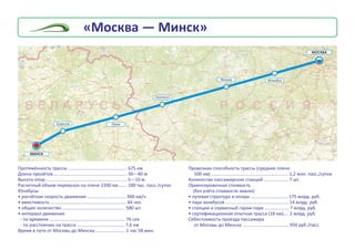 ÌÈÍÑÊ
ÌÎÑÊÂÀ
ÌîæàéñêÂÿçüìà
Ñìîëåíñê
ÎðøàÁîðèñîâ
Ð Î Ñ Ñ È ßÁ Å Ë À Ð Ó Ñ Ü
Ïðîòÿæ¸ííîñòü òðàññû ...
Äëèíà ïðîë¸òîâ ......................................................... 30—40 ì
Âûñîòà îïîð ............................................................... 5—10 ì
Ðàñ÷åòíûé îáúåì ïåðåâîçîê íà ïëå÷å 2200 êì ...... 100 òûñ. ïàññ./ñóòêè
Þíèáóñû:
• ðàñ÷¸òíàÿ ñêîðîñòü äâèæåíèÿ .............................. 360 êì/÷
• âìåñòèìîñòü ........................................................... 44 ÷åë.
• îáùåå êîëè÷åñòâî ................................................. 580 øò.
• èíòåðâàë äâèæåíèÿ
- ïî âðåìåíè ........................................................... 76 ñåê
- ïî ðàññòîÿíèþ íà òðàññå ..................................... 7,6 êì
Âðåìÿ â ïóòè îò Ìîñêâû äî Ìèíñêà ....................... 1 ÷àñ 58 ìèí.
........................................ ... 675 êì Ïðîâîçíàÿ ñïîñîáíîñòü òðàññû (ñðåäíåå ïëå÷î
500 êì) ............................................................ 1,2 ìëí. ïàññ./ñóòêè
Êîëè÷åñòâî ïàññàæèðñêèõ ñòàíöèé ................... 7 øò.
Îðèåíòèðîâî÷íàÿ ñòîèìîñòü
(áåç ó÷¸òà ñòîèìîñòè çåìëè):
• ïóòåâàÿ ñòðóêòóðà è îïîðû ............................. 175 ìëðä. ðóá.
• ïàðê þíèáóñîâ ................................................. 14 ìëðä. ðóá.
• ñòàíöèè è ñåðâèñíûé ãàðàæ-ïàðê ................... 7 ìëðä. ðóá.
• ñåðòèôèêàöèîííàÿ îïûòíàÿ òðàññà (18 êì).... 2 ìëðä. ðóá.
Ñåáåñòîèìîñòü ïðîåçäà ïàññàæèðà
îò Ìîñêâû äî Ìèíñêà .................................... 950 ðóá./ïàññ.
«Ìîñêâà — Ìèíñê»
 