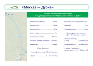 Ïðîòÿæ¸ííîñòü òðàññû
Øèðèíà êîëåè ................................. 1,25 ì
Äëèíà ïðîëåòîâ ................................. 35 ì
Âûñîòà îïîð ......................................... 6 ì
Âìåñòèìîñòü þíèáóñà .................. 50 ïàññ.
Ðàñ÷¸òíàÿ ñêîðîñòü äâèæåíèÿ ... 300 êì/÷
Âðåìÿ â ïóòè .................................. 35 ìèí.
Îáú¸ì ïåðåâîçîê:
• ïàññàæèðîâ ........... äî 100 òûñ. ïàññ./ñóò.
• ãðóçîâ ......................... äî 1 òûñ. òîíí/ñóò.
.................. 101 êì
Òåõíèêî-ýêîíîìè÷åñêèå ïîêàçàòåëè
ìåæäóãîðîäíîé ñêîðîñòíîé òðàññû ÒÑÞ «Ìîñêâà — Äóáíà
Ìã. Ìîñêâà
ñò. ì. Àëòóôüåâî
ã. Äìèòðîâ
ã. Äóáíà
Êîëè÷åñòâî ïàññàæèðñêèõ ñòàíöèé:
• êîíå÷íûõ .................................. 2 øò.
• ïðîìåæóòî÷íûõ ....................... 1 øò.
Îðèåíòèðîâî÷íàÿ ñòîèìîñòü
(áåç ó÷¸òà ñòîèìîñòè çåìëè):
• ïóòåâîé ñòðóêòóðû
è îïîð ....................... 4500 ìëí. ðóá.
• ïàðêà þíèáóñîâ ........ 600 ìëí. ðóá.
• ñòàíöèé è ñåðâèñíîãî
ãàðàæà-ïàðêà .............. 700 ìëí. ðóá.
«Ìîñêâà — Äóáíà»
 