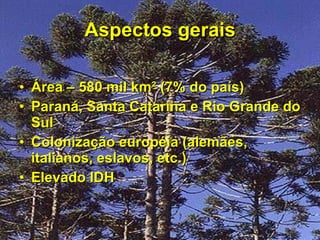 Aspectos gerais Área – 580 mil km² (7% do país) Paraná, Santa Catarina e Rio Grande do Sul Colonização européia (alemães, italianos, eslavos, etc.) Elevado IDH 