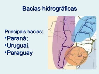 Bacias hidrográficas Principais bacias: Paraná; Uruguai, Paraguay 