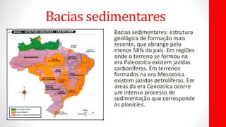 Bacias sedimentares
Bacias sedimentares: estrutura
geológica de formação mais
recente, que abrange pelo
menos 58% do país. Em regiões
onde o terreno se formou na
era Paleozoica existem jazidas
carboníferas. Em terrenos
formados na era Mesozoica
existem jazidas petrolíferas. Em
áreas da era Cenozoica ocorre
um intenso processo de
sedimentação que corresponde
às planícies.
 