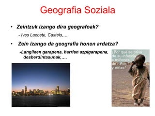 ALDI KLASIKOA: XX. MENDEAREN LEHEN HERENAEskualdeko geografiaren krisia:1- Eskualdeko metodoaren gabeziak: Gertaera fisikoak eta giza gertaerak deskribatzen zituzten loturarik gabe. 2- Eskualdeen zehaztapenaren zailtasunak. Eskualdeak osagai fisikoen eta giza osagaien konbinazio askotariko eta dinamikoa direnez, hautatutako irizpideen araberaeskualde desberdinak izan ditzakegu.  