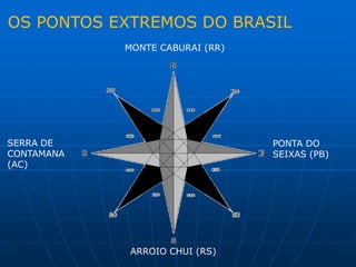 OS PONTOS EXTREMOS DO BRASIL
            MONTE CABURAI (RR)




SERRA DE                         PONTA DO
CONTAMANA                        SEIXAS (PB)
(AC)




             ARROIO CHUI (RS)
 