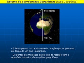 Sistema de Coordenadas Geográficas (Rede Geográfica)


                                 Pólo Norte




                                Pólo Sul



   - A Terra possui um movimento de rotação que se processa
   em torno de um eixo imaginário.
   - Os pontos de interseção deste eixo de rotação com a
   superfície terrestre são os pólos geográficos.
 
