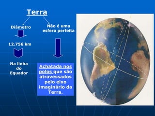 Terra

Diâmetro       Não é uma
             esfera perfeita


12.756 km




Na linha
  do        Achatada nos
Equador     polos que são
            atravessados
              pelo eixo
            imaginário da
                Terra.
 