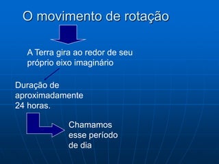 O movimento de rotação

  A Terra gira ao redor de seu
  próprio eixo imaginário

Duração de
aproximadamente
24 horas.

            Chamamos
            esse período
            de dia
 