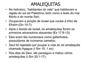 AMALEQUITAS
• No hebraico, “habitantes do vale” que habitavam a
região do sul da Palestina, bem como a leste do mar
Morto e do monte Seir;
• Ocupavam a porção de Israel que coube à tribo de
Efraim (Gn 14:7);
• Após o êxodo de Israel, os amalequitas foram os
primeiros adversários atacantes (Ex 17:8-13);
• Eles eram tão numerosos como gafanhotos,
possuidores de inúmeros camelos;
• Saul foi rejeitado por poupar a vida do rei amalequita
chamado Agague (I Sm 15: 1 ss);
• Nos dias de Davi, ele perseguiu e matou vários
amalequitas (I Sm 30:1-17).
 