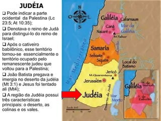 JUDÉIA
 Pode indicar a parte
ocidental da Palestina (Lc
23:5; At 10:35);
 Denotava o reino de Judá
para distingui-lo do reino de
Israel;
 Após o cativeiro
babilônico, esse território
tornou-se essencialmente o
território ocupado pelo
remanescente judeu que
voltou para a Palestina;
 João Batista pregava e
imergia no deserto da judéia
(Mt 3:1) e Jesus foi tentado
ali (Mt4);
 A região da Judéia possui
três características
principais: o deserto, as
colinas e os vales.
 