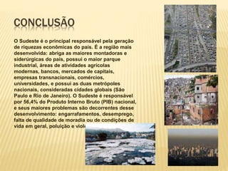 CONCLUSÃO 
O Sudeste é o principal responsável pela geração 
de riquezas econômicas do país. É a região mais 
desenvolvida: abriga as maiores montadoras e 
siderúrgicas do país, possui o maior parque 
industrial, áreas de atividades agrícolas 
modernas, bancos, mercados de capitais, 
empresas transnacionais, comércios, 
universidades, e possui as duas metrópoles 
nacionais, consideradas cidades globais (São 
Paulo e Rio de Janeiro). O Sudeste é responsável 
por 56,4% do Produto Interno Bruto (PIB) nacional, 
e seus maiores problemas são decorrentes desse 
desenvolvimento: engarrafamentos, desemprego, 
falta de qualidade de moradia ou de condições de 
vida em geral, poluição e violência. 
 