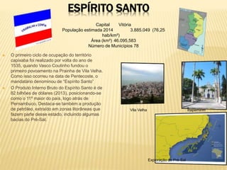 ESPÍRITO SANTO 
População estimada 2014 3.885.049 (76,25 
 O primeiro ciclo de ocupação do território 
Capital Vitória 
capixaba foi realizado por volta do ano de 
1535, quando Vasco Coutinho fundou o 
primeiro povoamento na Prainha de Vila Velha. 
Como isso ocorreu na data de Pentecoste, o 
mandatário denominou de “Espírito Santo” 
 O Produto Interno Bruto do Espírito Santo é de 
82 bilhões de dólares (2013), posicionando-se 
como o 11º maior do país, logo atrás de 
Pernambuco. Destaca-se também a produção 
de petróleo, extraído em zonas litorâneas que 
fazem parte desse estado, incluindo algumas 
bacias do Pré-Sal. 
hab/km²) 
Área (km²) 46.095,583 
Número de Municípios 78 
Vila Velha Itapemirim 
Exploração do Pré-Sal 
 