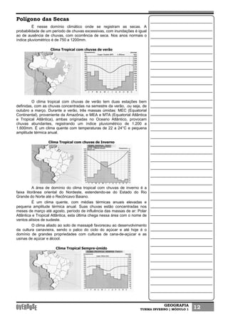 GEOGRAFIA
TURMA INVERNO | MÓDULO 1 12
Polígono das Secas
É nesse domínio climático onde se registram as secas. A
probabilidade de um período de chuvas excessivas, com inundações é igual
ao de ausência de chuvas, com ocorrência de seca. Nos anos normais o
índice pluviométrico é de 750 a 1200mm.
Clima Tropical com chuvas de verão
O clima tropical com chuvas de verão tem duas estações bem
definidas, com as chuvas concentradas na semestre da verão, .ou seja, de
outubro a março. Durante a verão, três massas úmidas: MEC (Equatorial
Continental), proveniente da Amazônia, e MEA e MTA (Equatorial Atlântica
e Tropical Atlântica), ambas originadas no Oceano Atlântico, provocam
chuvas abundantes, registrando um índice pluviométrico de 1.200 a
1.600mm. É um clima quente com temperaturas de 22 a 24°C e pequena
amplitude térmica anual.
Clima Tropical com chuvas de Inverno
A área de domínio do clima tropical com chuvas de inverno é a
faixa litorânea oriental do Nordeste, estendendo-se do Estado do Rio
Grande do Norte até o Recôncavo Baiano.
É um clima quente, com médias térmicas anuais elevadas e
pequena amplitude térmica anual. Suas chuvas estão concentradas nos
meses de março até agosto, período de influência das massas de ar: Polar
Atlântica e Tropical Atlântica, esta última chega nessa área com o nome de
ventos alísios de sudeste.
O clima aliado ao solo de massapê favoreceu ao desenvolvimento
da cultura canavieira, sendo o palco do ciclo do açúcar e até hoje é o
domínio de grandes propriedades com culturas de cana-de-açúcar e as
usinas de açúcar e álcool.
Clima Tropical Sempre-úmido
 