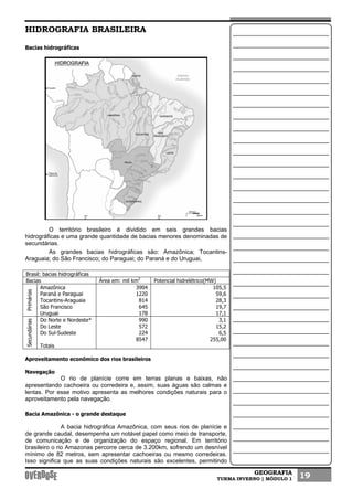 GEOGRAFIA
TURMA INVERNO | MÓDULO 1 19
HIDROGRAFIA BRASILEIRA
Bacias hidrográficas
O território brasileiro é dividido em seis grandes bacias
hidrográficas e uma grande quantidade de bacias menores denominadas de
secundárias.
As grandes bacias hidrográficas são: Amazônica; Tocantins-
Araguaia; do São Francisco; do Paraguai; do Paraná e do Uruguai,
Brasil: bacias hidrográficas
Bacias Área em: mil km2
Potencial hidrelétrico(MW)
Primárias
Amazônica
Paraná e Paraguai
Tocantins-Araguaia
São Francisco
Uruguai
3904
1220
814
645
178
105,5
59,6
28,3
19,7
17,1
Secundárias
Do Norte e Nordeste*
Do Leste
Do Sul-Sudeste
Totais
990
572
224
8547
3,1
15,2
6,5
255,00
Aproveitamento econômico dos rios brasileiros
Navegação
O rio de planície corre em terras planas e baixas, não
apresentando cachoeira ou corredeira e, assim, suas águas são calmas e
lentas. Por esse motivo apresenta as melhores condições naturais para o
aproveitamento pela navegação.
Bacia Amazônica - o grande destaque
A bacia hidrográfica Amazônica, com seus rios de planície e
de grande caudal, desempenha um notável papel como meio de transporte,
de comunicação e de organização do espaço regional. Em território
brasileiro o rio Amazonas percorre cerca de 3.200km, sofrendo um desnível
mínimo de 82 metros, sem apresentar cachoeiras ou mesmo corredeiras.
Isso significa que as suas condições naturais são excelentes, permitindo
 
