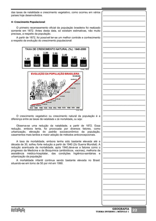 GEOGRAFIA
TURMA INVERNO | MÓDULO 1 22
das taxas de natalidade e crescimento vegetativo, como ocorreu em vários
países hoje desenvolvidos.
4- Crescimento Populacional
O primeiro recenseamento oficial da população brasileira foi realizado
somente em 1872. Antes desta data, só existiam estimativas, não muito
precisas, a respeito da população.
A partir de 1872, foi possível ter-se um melhor controle e conhecimento
a respeito da evolução do crescimento populacional.
O crescimento vegetativo ou crescimento natural da população é a
diferença entre as taxas de natalidade e de mortalidade, ou seja:
Observa-se uma redução da natalidade, a partir de 1872. Essa
redução, embora lenta, foi provocada por diversos fatores, como
urbanização, elevação do padrão socioeconômico da população,
casamentos mais tardios e maior adoção de métodos anticoncepcionais.
A taxa de mortalidade, embora tenha sido bastante elevada até a
década de 30, sofreu forte redução a partir de 1940 (2o Guerra Mundial). A
redução acentuada da mortalidade, após 1940,deve-se a fatores como o
progresso da Medicina e da Bioquímica (antibióticos, vacinas), melhoria da
assistência médico-hospitalar, das condições higiênico-sanitárias e
urbanização da população
A mortalidade infantil continua sendo bastante elevada no Brasil.
situando-se em torno de 50 por mil em 1990.
 