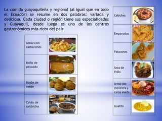 La comida guayaquileña y regional (al igual que en todo
el Ecuador) se resume en dos palabras: variada y
deliciosa. Cada ciudad o región tiene sus especialidades
y Guayaquil, desde luego es uno de los centros
gastronómicos más ricos del país.
Arroz con
camarones
Bollo de
pescado
Bolón de
verde
Caldo de
salchicha
Cebiches
Empanadas
Patacones
Seco de
Pollo
Arroz con
menestra y
carne asada
Guatita
 