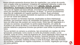 Nosso planeta apresenta diversos tipos de vegetações, que variam de acordo
com a região onde se localizam. A espécie de vegetação referente a cada uma
dessas regiões é definida por fatores como altitude, latitude, pressão
atmosférica, iluminação e forma de atuação das massas de ar.
No caso de regiões de baixa latitude, encontram-se as florestas equatoriais,
como por exemplo a floresta Amazônica, no Brasil. É comum encontrarmos
esse tipo de vegetação em lugares quentes e úmidos. Suas principais
características são a grande variedade de espécies e as folhas grandes, com
um tom de verde bem definido.
Existem também as florestas tropicais, localizadas na faixa intertropical
litorânea, que possuem menor de variedades de espécies vegetais, além de
tipos de vidas que não existem em outros locais. Outro tipo de vegetação é o
cerrado (ou savana), encontrado no centro-oeste brasileiro, em parte da
Austrália e do centro da África, e no litoral da Índia. Esse tipo caracteriza-se por
plantas rasteiras e pequenas árvores que perdem suas folhas no período da
seca.
Temos também os campos ou pradarias, tipo encontrado em regiões de clima
temperado continental, como ocorre no norte dos Estados Unidos, sul do
Canadá, norte da China, norte da Argentina etc. Essa vegetação nasce onde há
pouca umidade para o crescimento de árvores, havendo somente um tapete
herbáceo conhecido como gramíneas. Existem ainda as florestas temperadas,
localizadas no Canadá, Estados Unidos e norte da Europa, além das florestas
de coníferas, presentes em regiões subpolares, e a tundra, vegetação que surge
em solos gelados.
 