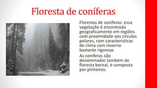 Floresta de coníferas
Florestas de coníferas: essa
vegetação é encontrada
geograficamente em regiões
com proximidade aos círculos
polares, com características
de clima com inverno
bastante rigoroso.
As coníferas são
denominadas também de
floresta boreal, é composta
por pinheiros.
 