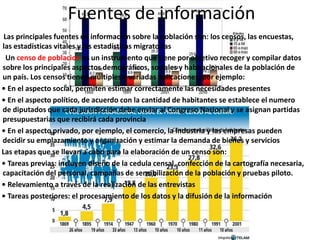 Fuentes de información
Las principales fuentes de información sobre la población son: los censos, las encuestas,
las estadísticas vitales y las estadísticas migratorias
Un censo de poblacion es un instrumento que tiene por objetivo recoger y compilar datos
sobre los principales aspectos demográficos, sociales y habitacionales de la población de
un país. Los censos tienen múltiples y variadas aplicaciones, por ejemplo:
• En el aspecto social, permiten estimar correctamente las necesidades presentes
• En el aspecto político, de acuerdo con la cantidad de habitantes se establece el numero
de diputados que cada jurisdicción debe enviar al Congreso Nacional y se asignan partidas
presupuestarias que recibirá cada provincia
• En el aspecto privado, por ejemplo, el comercio, la industria y las empresas pueden
decidir su emplazamiento y organización y estimar la demanda de bienes y servicios
Las etapas que se llevan a cabo para la elaboración de un censo son:
• Tareas previas: incluyen diseño de la cedula censal, confección de la cartografía necesaria,
capacitación del personal, campañas de sensibilización de la población y pruebas piloto.
• Relevamiento a través de la realización de las entrevistas
• Tareas posteriores: el procesamiento de los datos y la difusión de la información
 