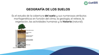 Es el estudio de la cobertura del suelo y sus numerosos atributos
morfogenéticos en función del clima, la geología, el relieve, la
vegetación, las actividades humanas y la historia (natural).
GEOGRAFÍA DE LOS SUELOS
 