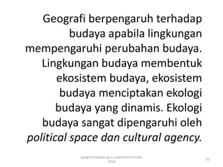 Geografi berpengaruh terhadap 
budaya apabila lingkungan 
mempengaruhi perubahan budaya. 
Lingkungan budaya membentuk 
ekosistem budaya, ekosistem 
budaya menciptakan ekologi 
budaya yang dinamis. Ekologi 
budaya sangat dipengaruhi oleh 
political space dan cultural agency. 
32 
geografi budaya agus sudarsono nurhadi 
2014 
 