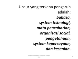 Unsur yang terkena pengaruh 
adalah: 
bahasa, 
system teknologi, 
mata pencaharian, 
organisasi social, 
pengetahuan, 
system kepercayaan, 
dan kesenian. 
33 
geografi budaya agus sudarsono nurhadi 
2014 
 
