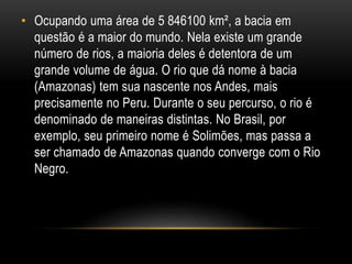 • Ocupando uma área de 5 846100 km², a bacia em
questão é a maior do mundo. Nela existe um grande
número de rios, a maioria deles é detentora de um
grande volume de água. O rio que dá nome à bacia
(Amazonas) tem sua nascente nos Andes, mais
precisamente no Peru. Durante o seu percurso, o rio é
denominado de maneiras distintas. No Brasil, por
exemplo, seu primeiro nome é Solimões, mas passa a
ser chamado de Amazonas quando converge com o Rio
Negro.
 
